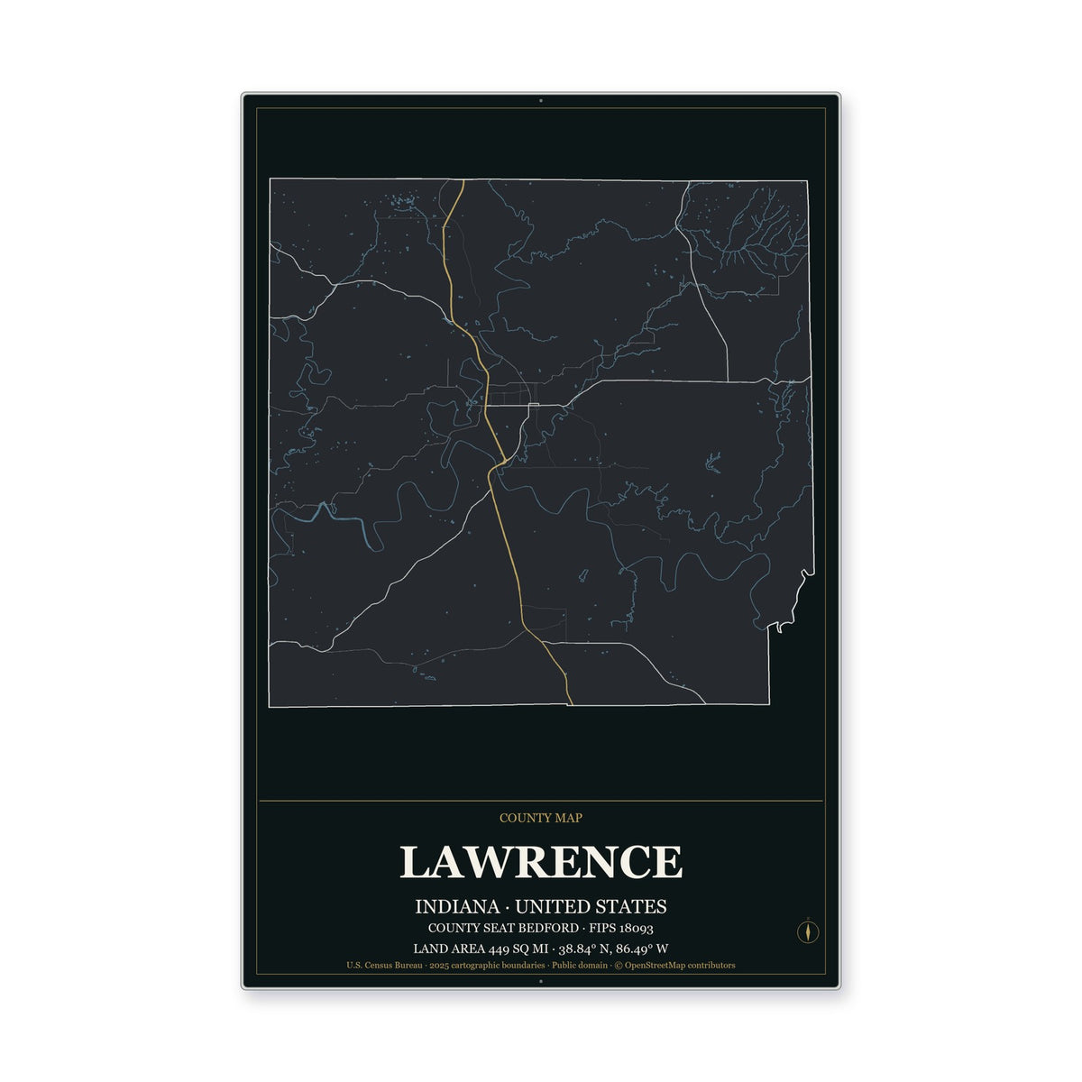Lawrence County, Indiana Map Aluminum Sign in Metropolitan Noir style