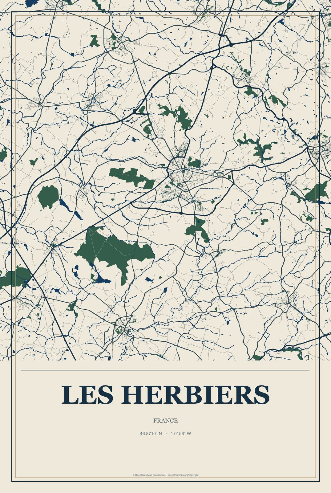 Les Herbiers, France City Map Aluminum Sign in Coastal Cutout style