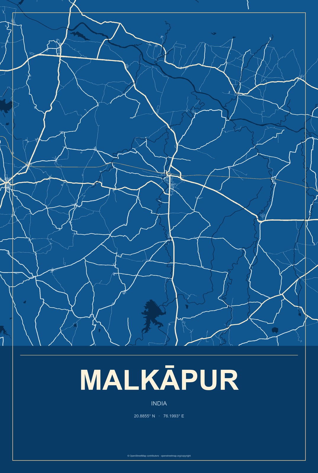 Malkāpur, India City Map Aluminum Sign in Harbor Cobalt style