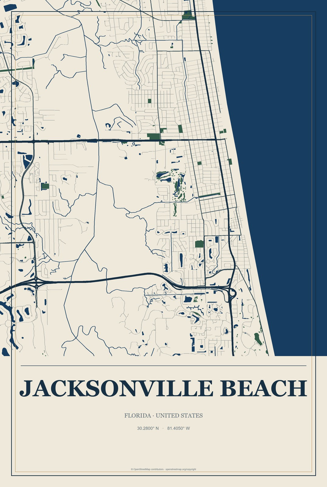 Jacksonville Beach, Florida City Map Aluminum Sign in Coastal Cutout style
