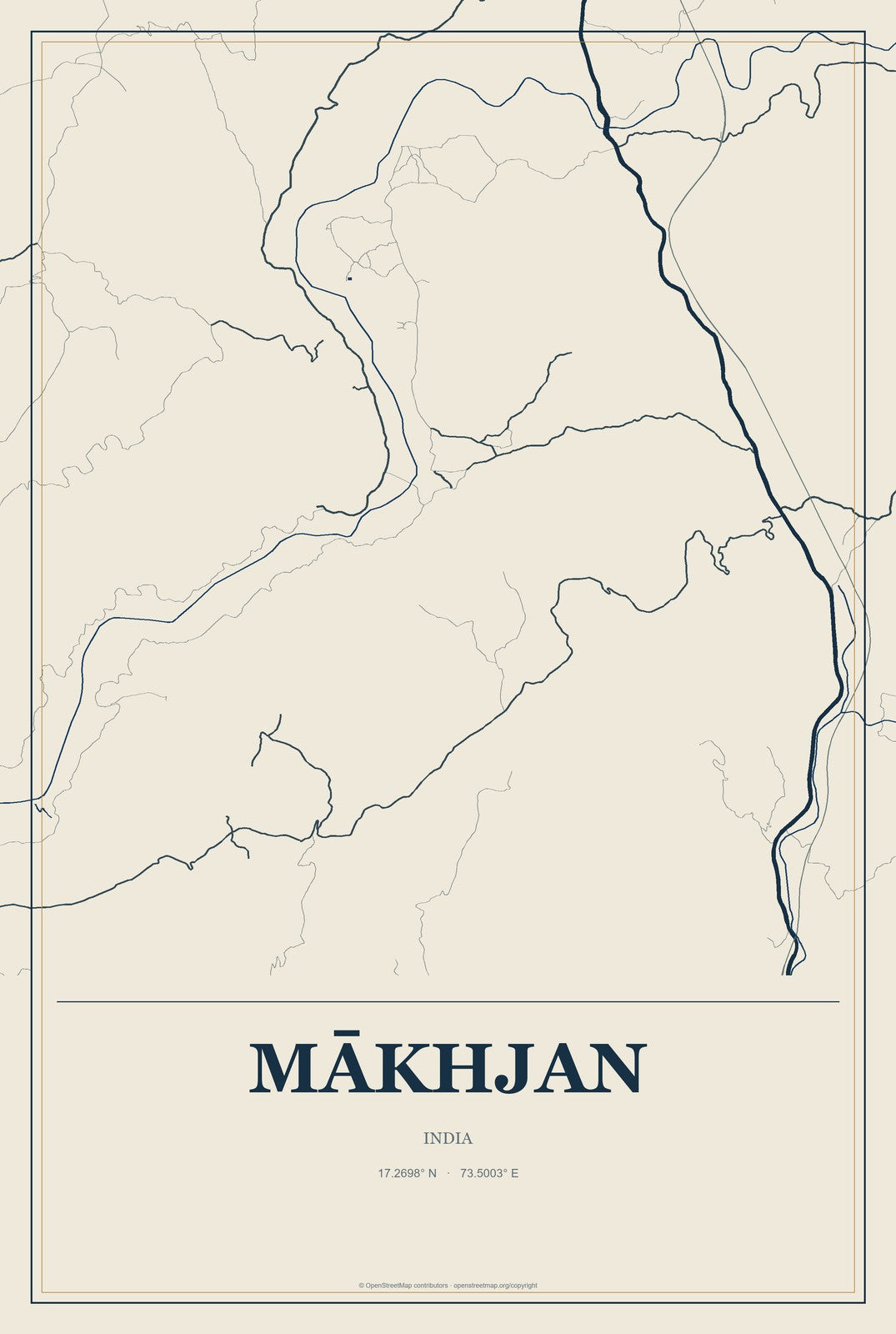Mākhjan, India City Map Aluminum Sign in Coastal Cutout style