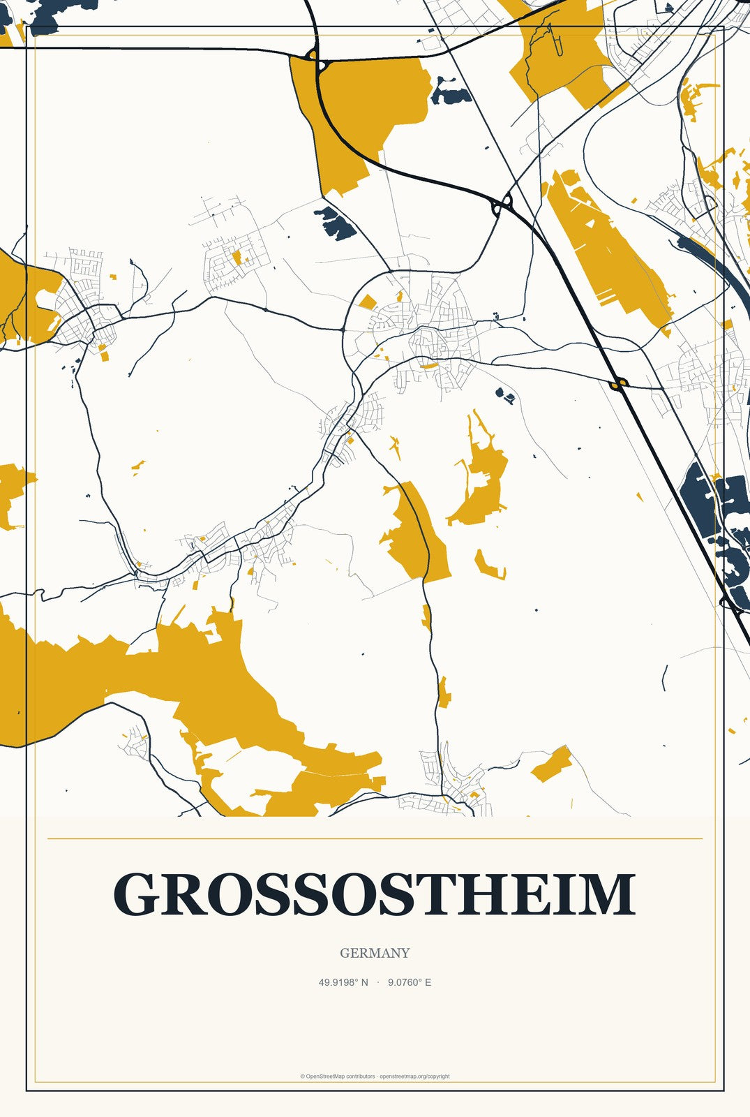 Großostheim, Germany City Map Aluminum Sign in Citrine Modern style