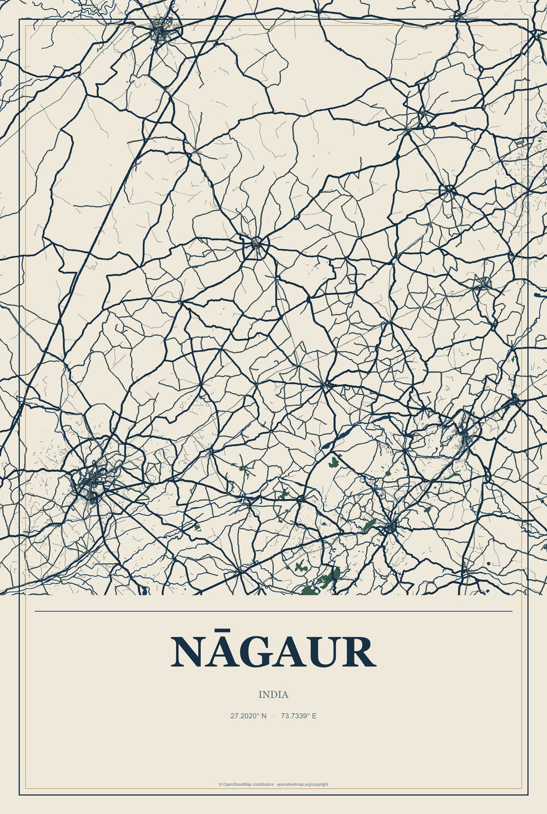 Nāgaur, India City Map Aluminum Sign in Coastal Cutout style