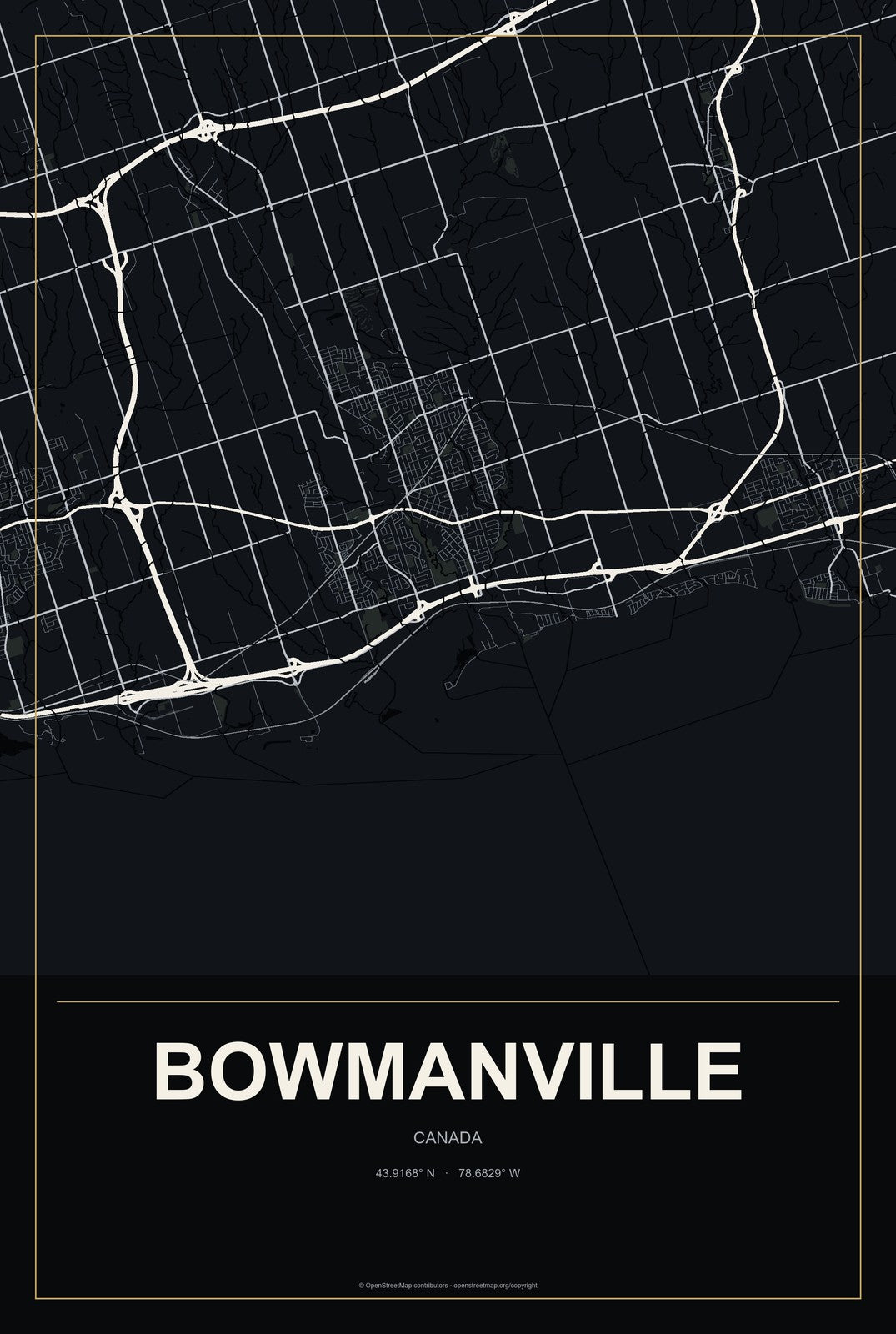Bowmanville, Canada City Map Aluminum Sign in Metropolitan Noir style