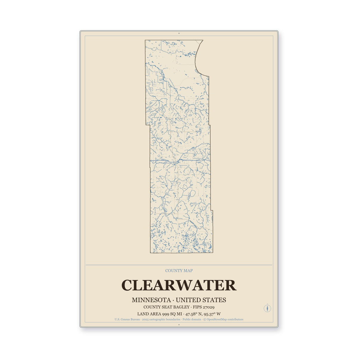 Clearwater County, Minnesota Map Aluminum Sign in Heritage Nautical style