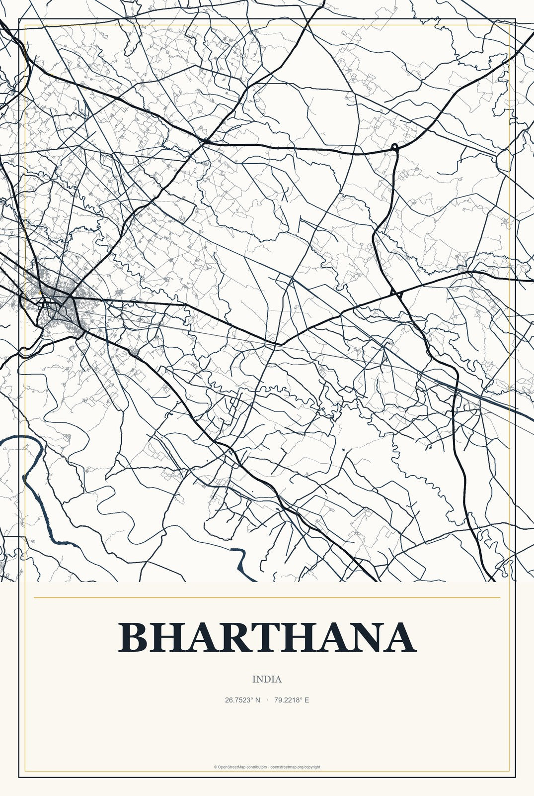 Bharthana, India City Map Aluminum Sign in Citrine Modern style