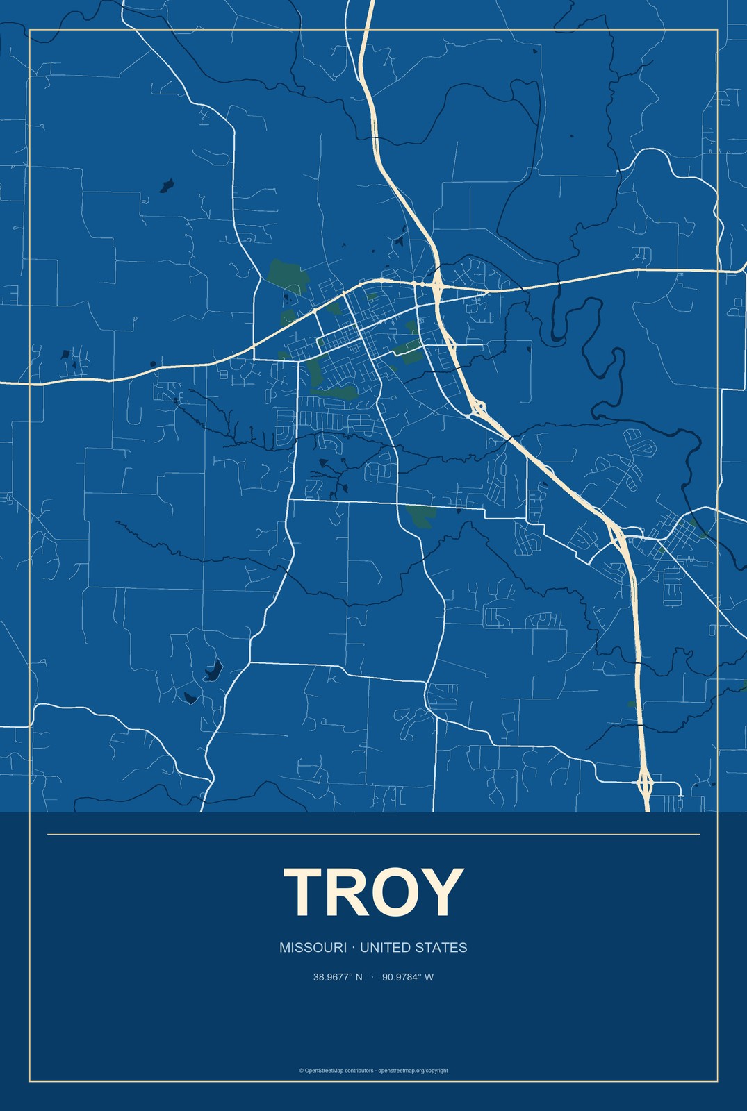 Troy, Missouri City Map Aluminum Sign in Harbor Cobalt style