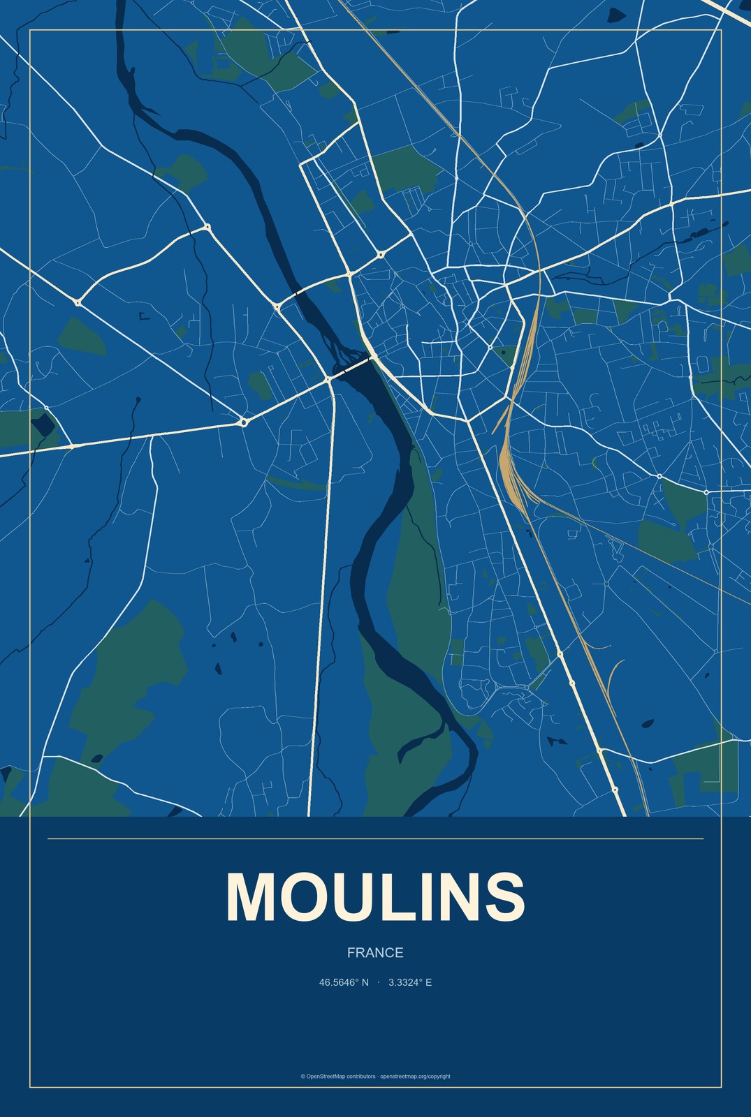 Moulins, France City Map Aluminum Sign in Harbor Cobalt style