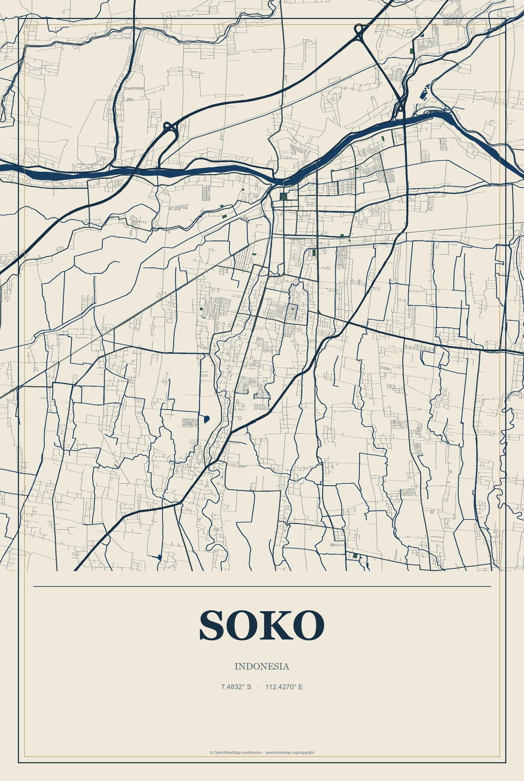 Soko, Indonesia City Map Aluminum Sign in Coastal Cutout style