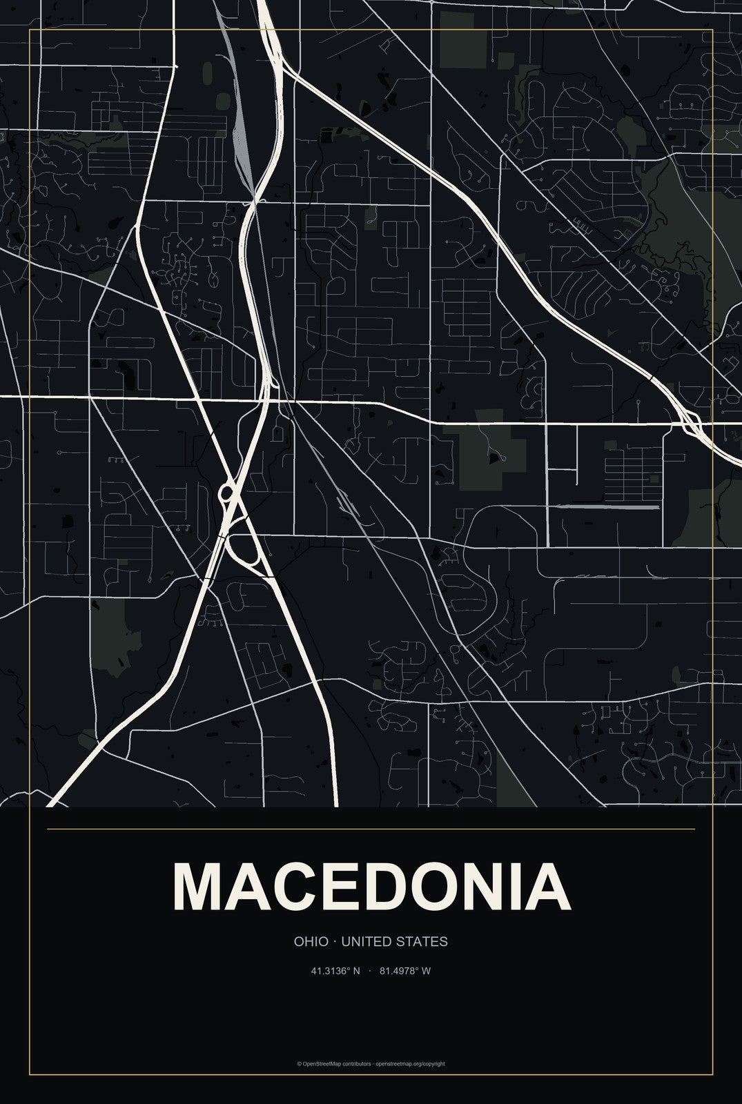 Macedonia, Ohio City Map Aluminum Sign in Metropolitan Noir style