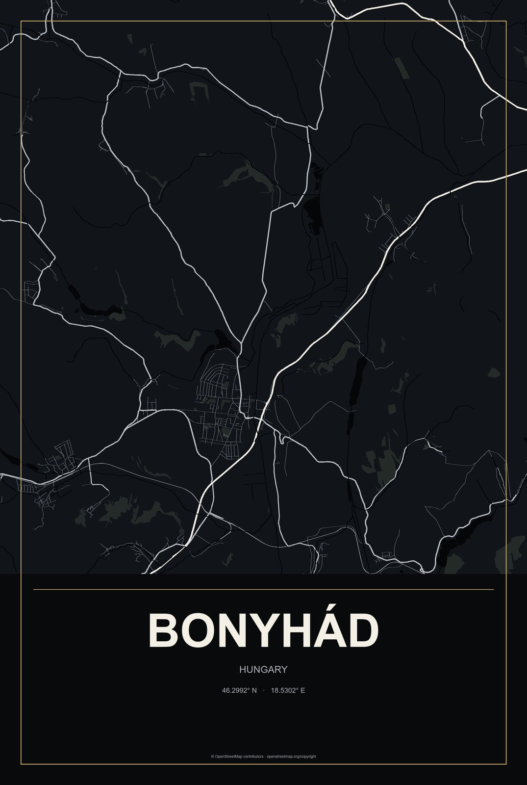 Bonyhád, Hungary City Map Aluminum Sign in Metropolitan Noir style