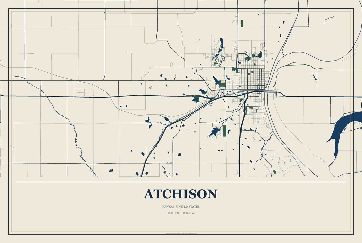 Atchison, Kansas City Map Aluminum Sign in Coastal Cutout style