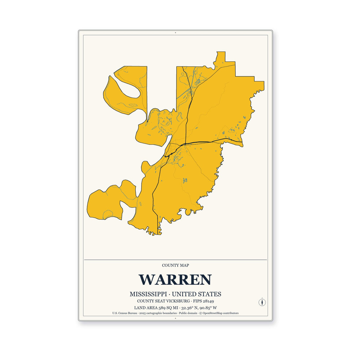 Warren County, Mississippi Map Aluminum Sign in Citrine Modern style