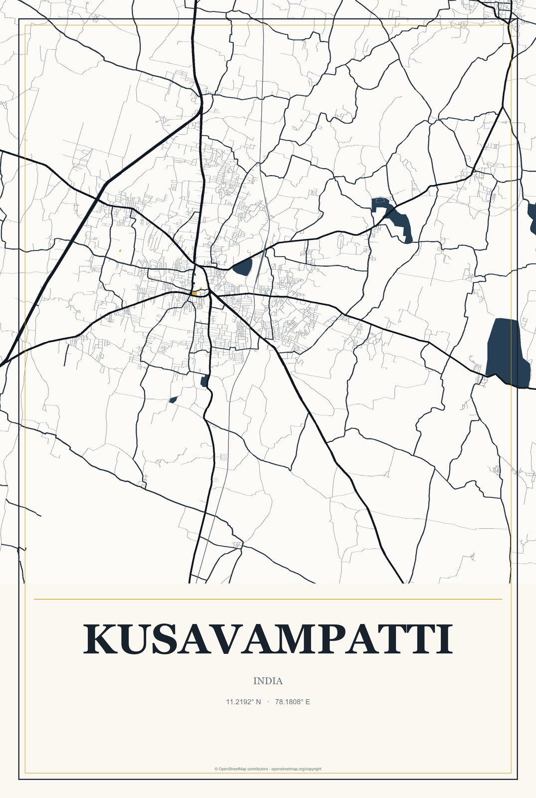 Kusavampatti, India City Map Aluminum Sign in Citrine Modern style
