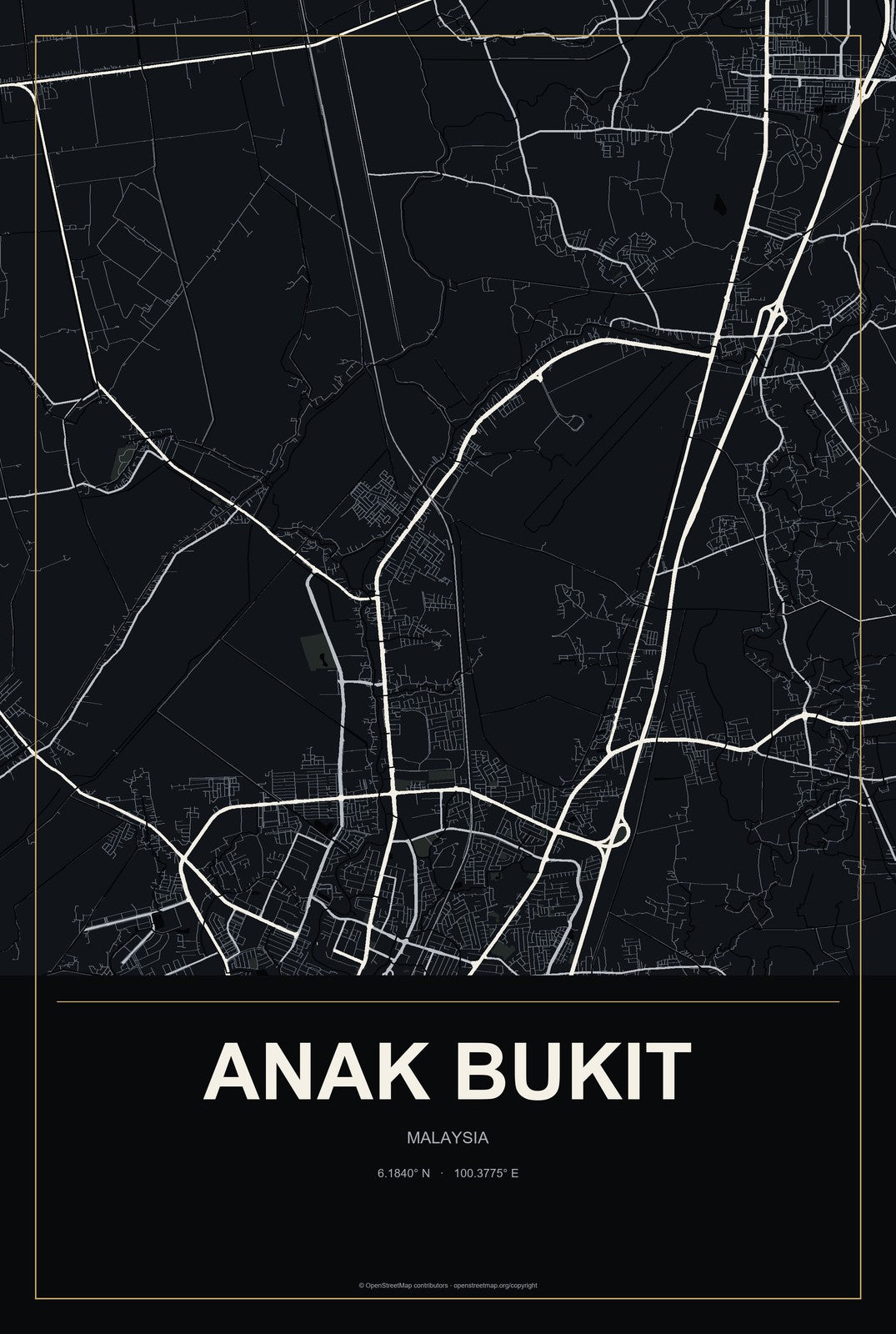 Anak Bukit, Malaysia City Map Aluminum Sign in Metropolitan Noir style