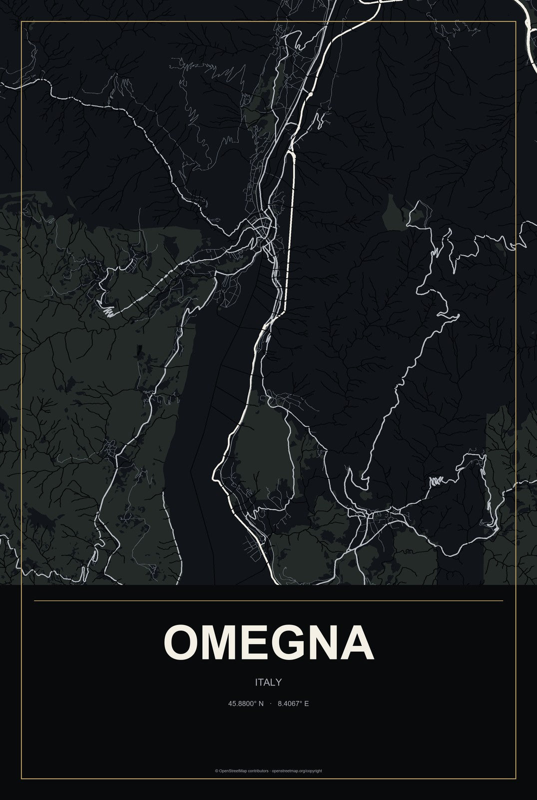 Omegna, Italy City Map Aluminum Sign in Metropolitan Noir style
