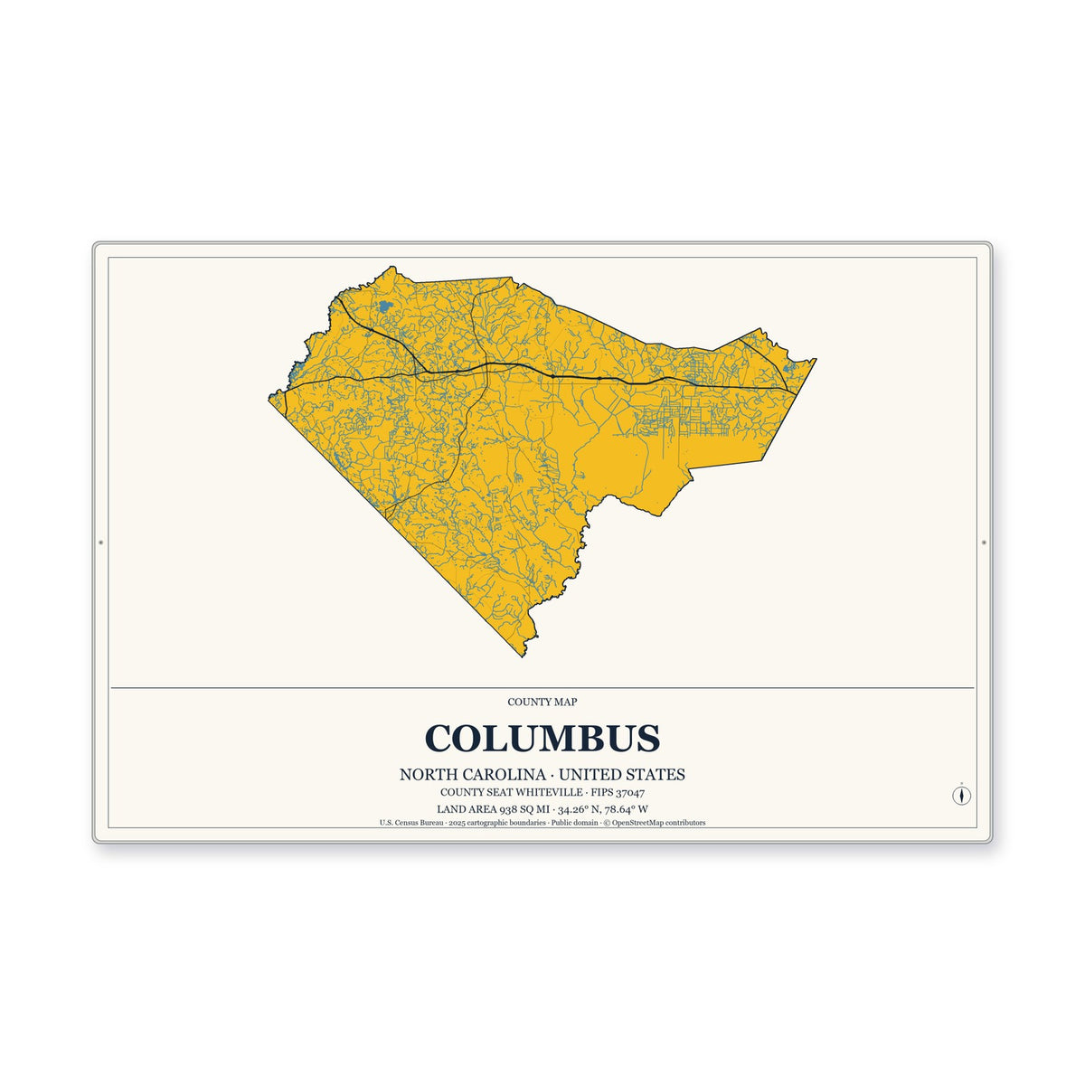 Columbus County, North Carolina Map Aluminum Sign in Citrine Modern style