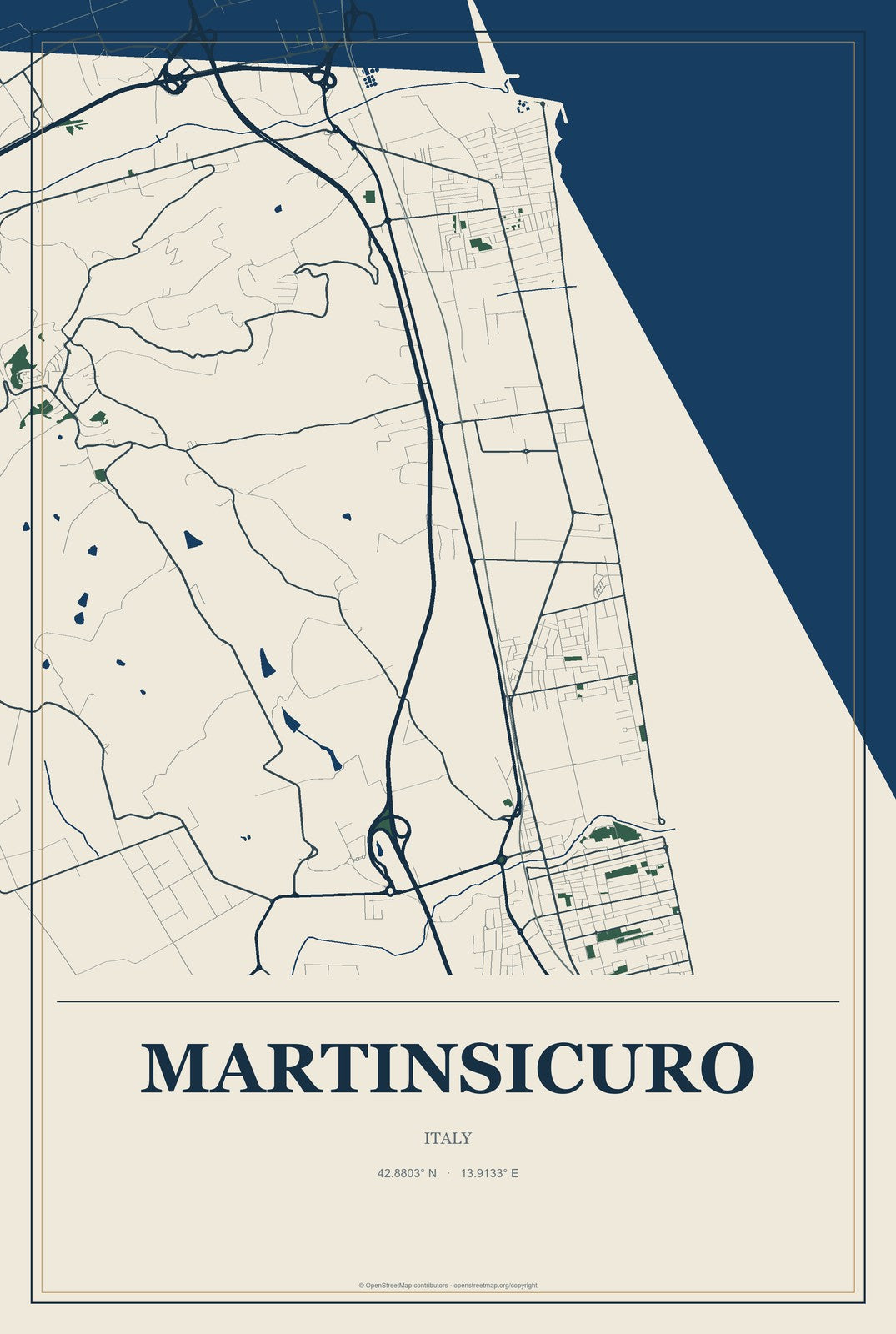Martinsicuro, Italy City Map Aluminum Sign in Coastal Cutout style