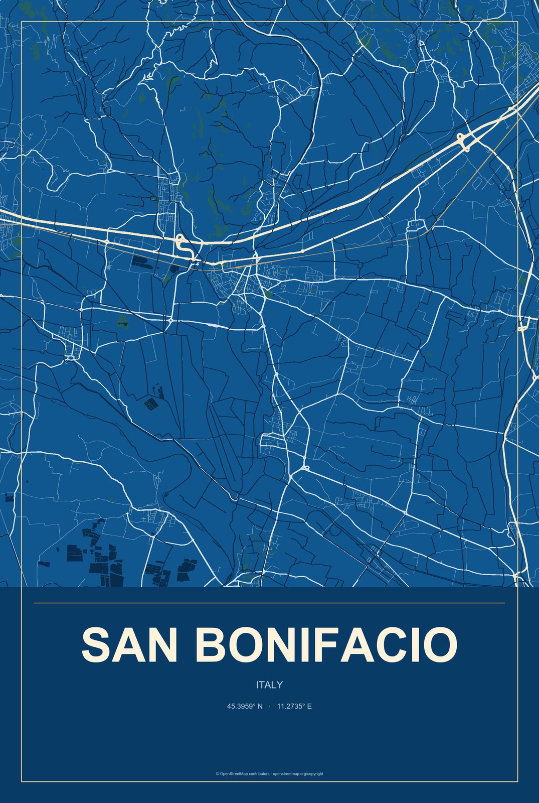 San Bonifacio, Italy City Map Aluminum Sign in Harbor Cobalt style
