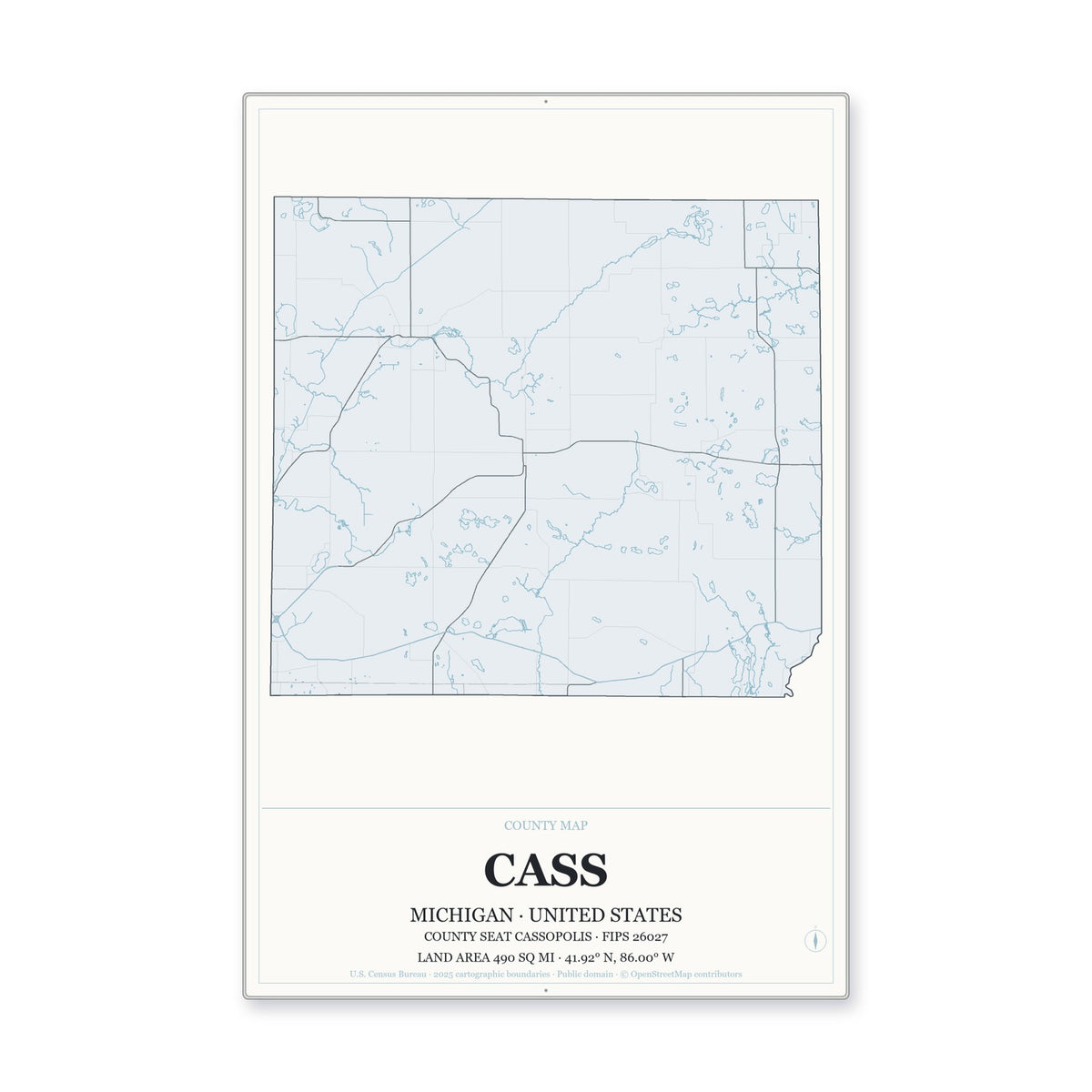 Cass County, Michigan Map Aluminum Sign in Gallery Air style