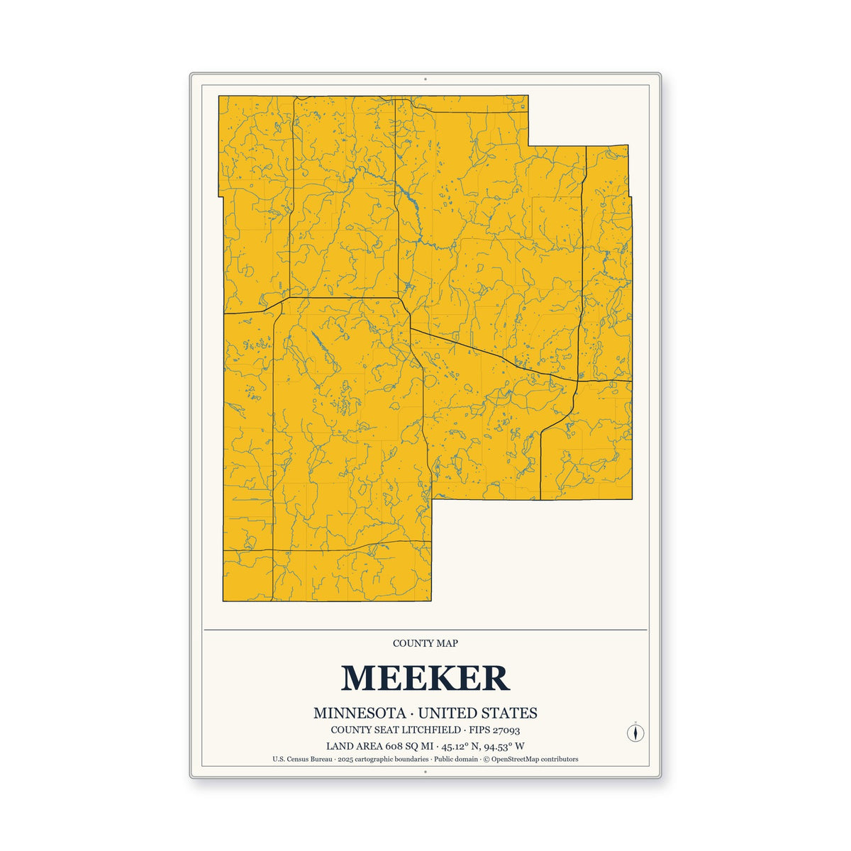 Meeker County, Minnesota Map Aluminum Sign in Citrine Modern style