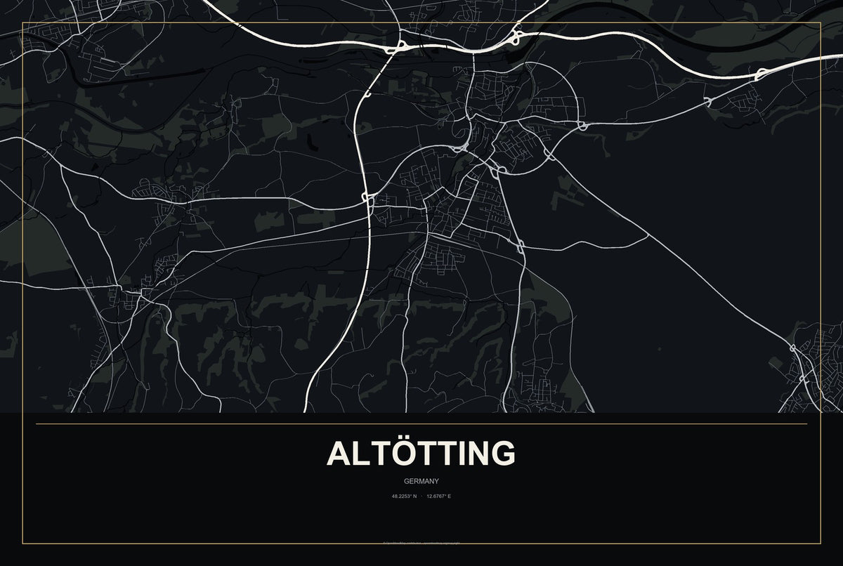 Altötting, Germany City Map Aluminum Sign in Metropolitan Noir style