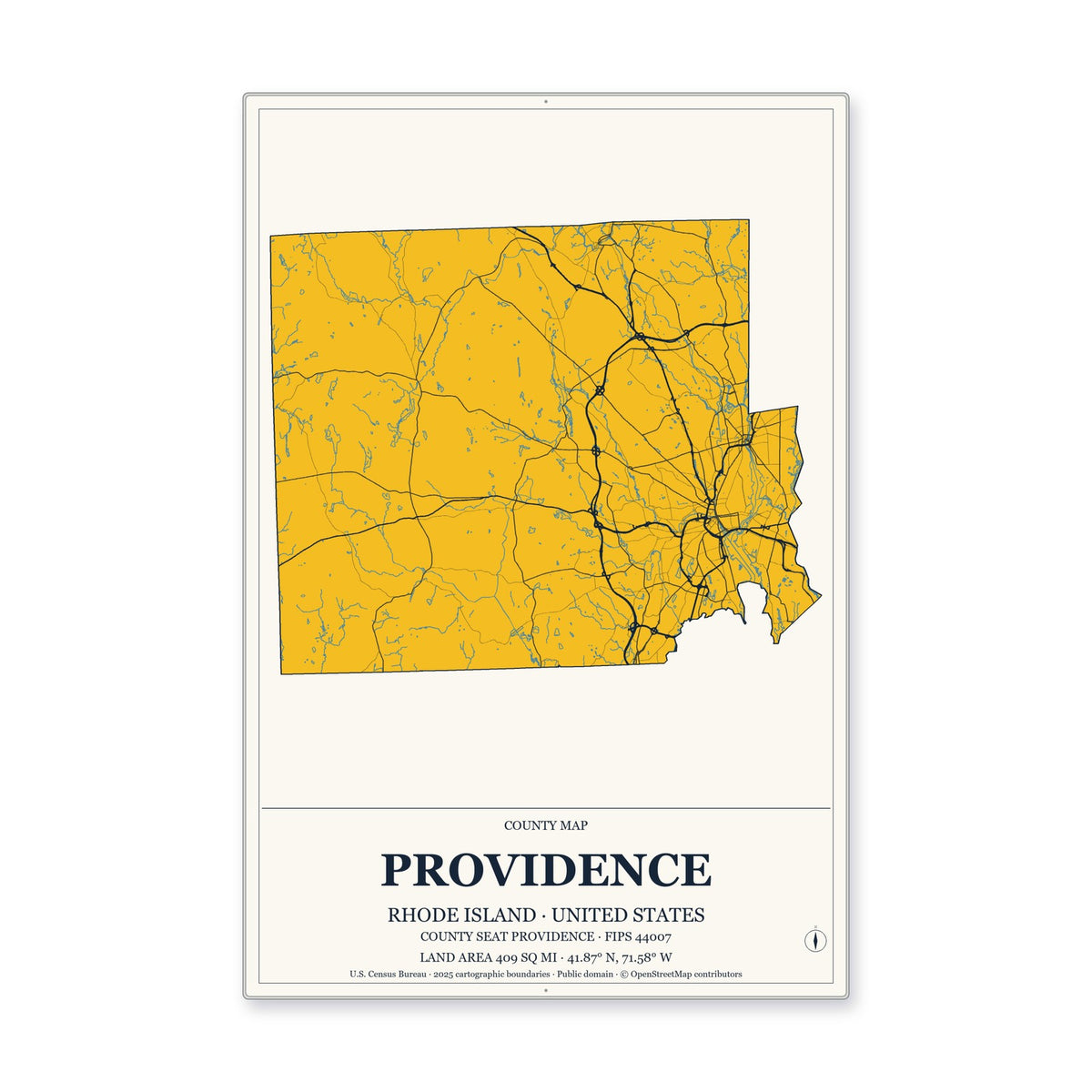 Providence County, Rhode Island Map Aluminum Sign in Citrine Modern style