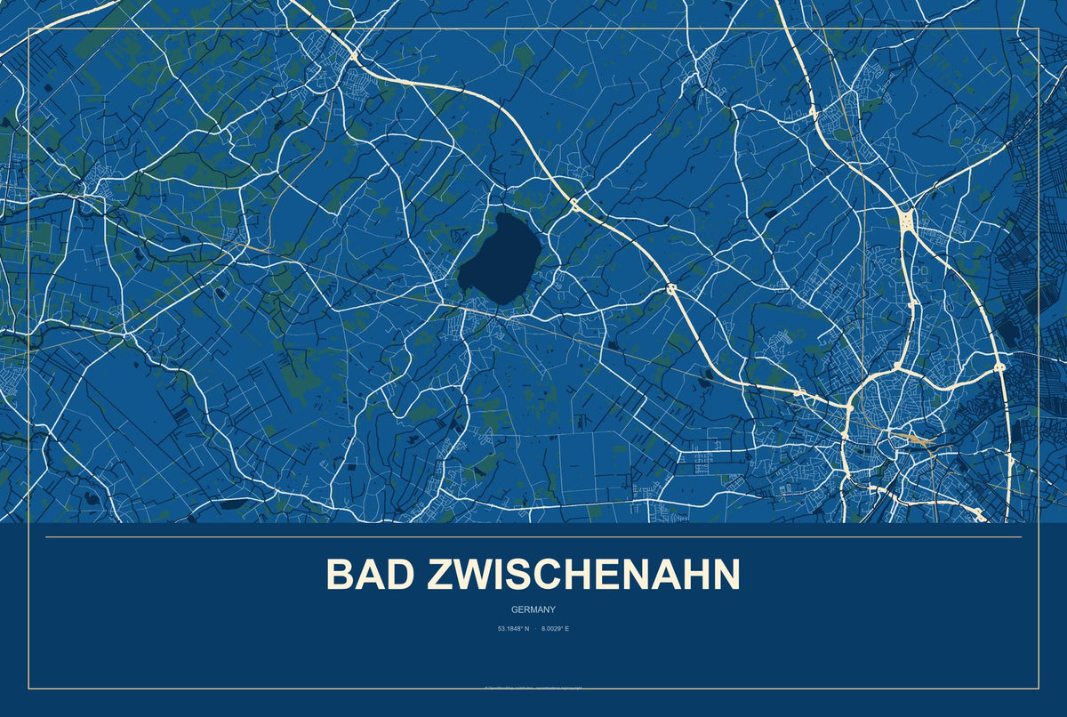 Bad Zwischenahn, Germany City Map Aluminum Sign in Harbor Cobalt style
