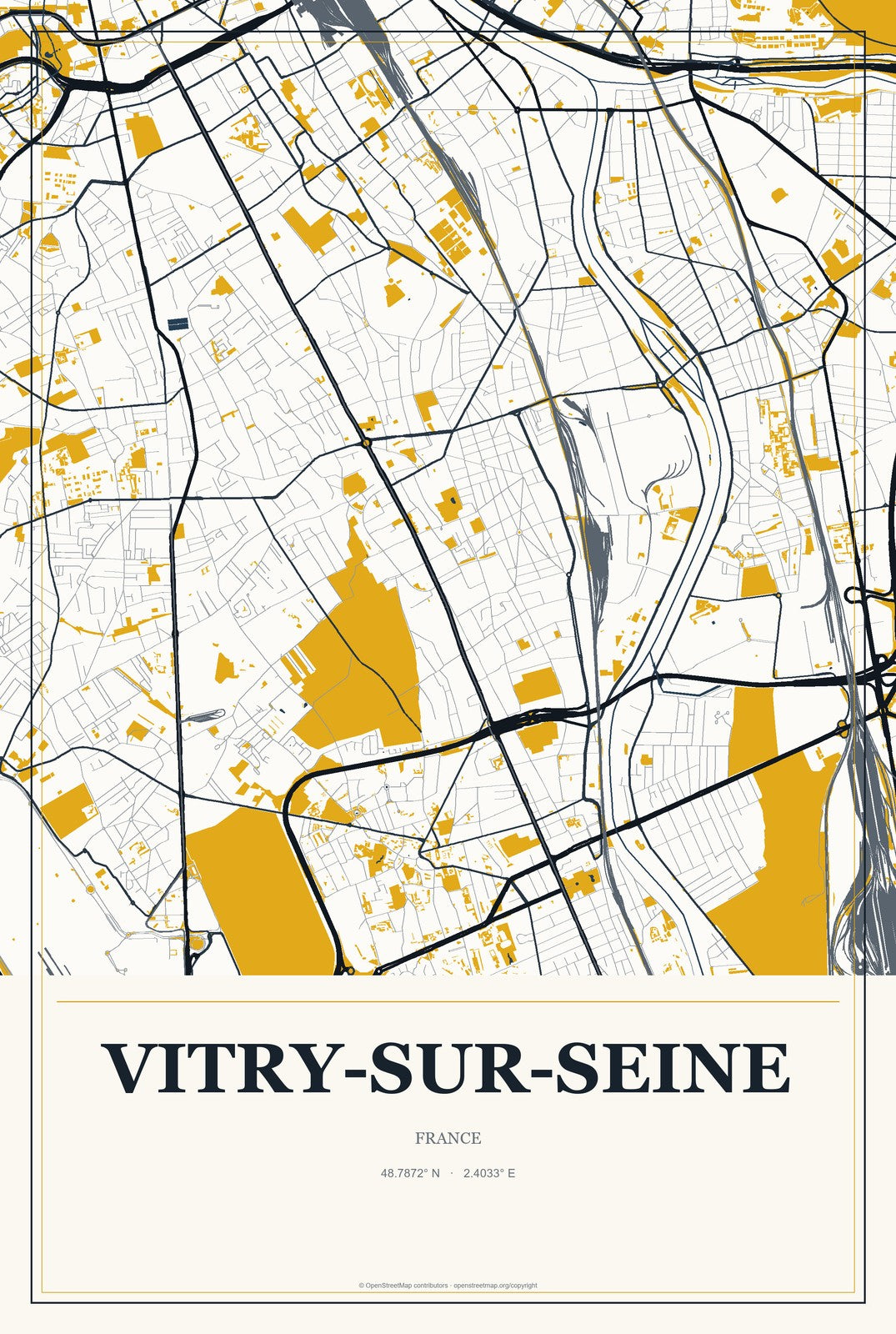 Vitry-sur-Seine, France City Map Aluminum Sign in Citrine Modern style
