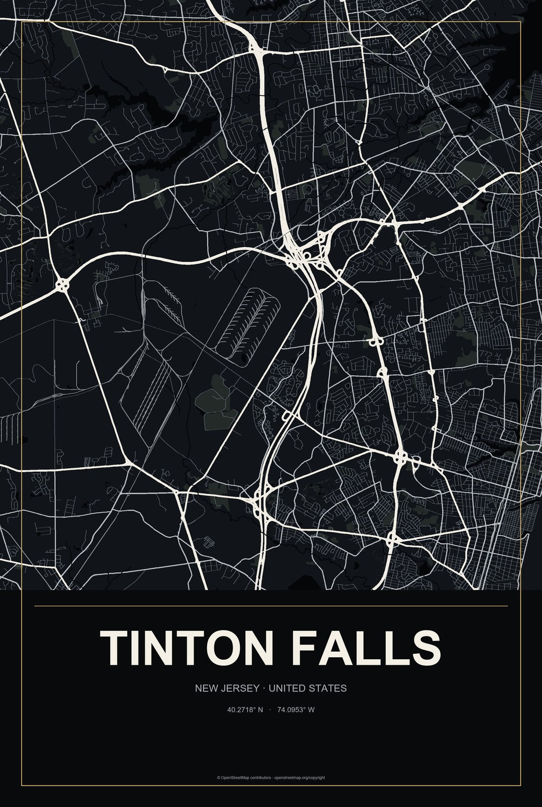 Tinton Falls, New Jersey City Map Aluminum Sign in Metropolitan Noir style