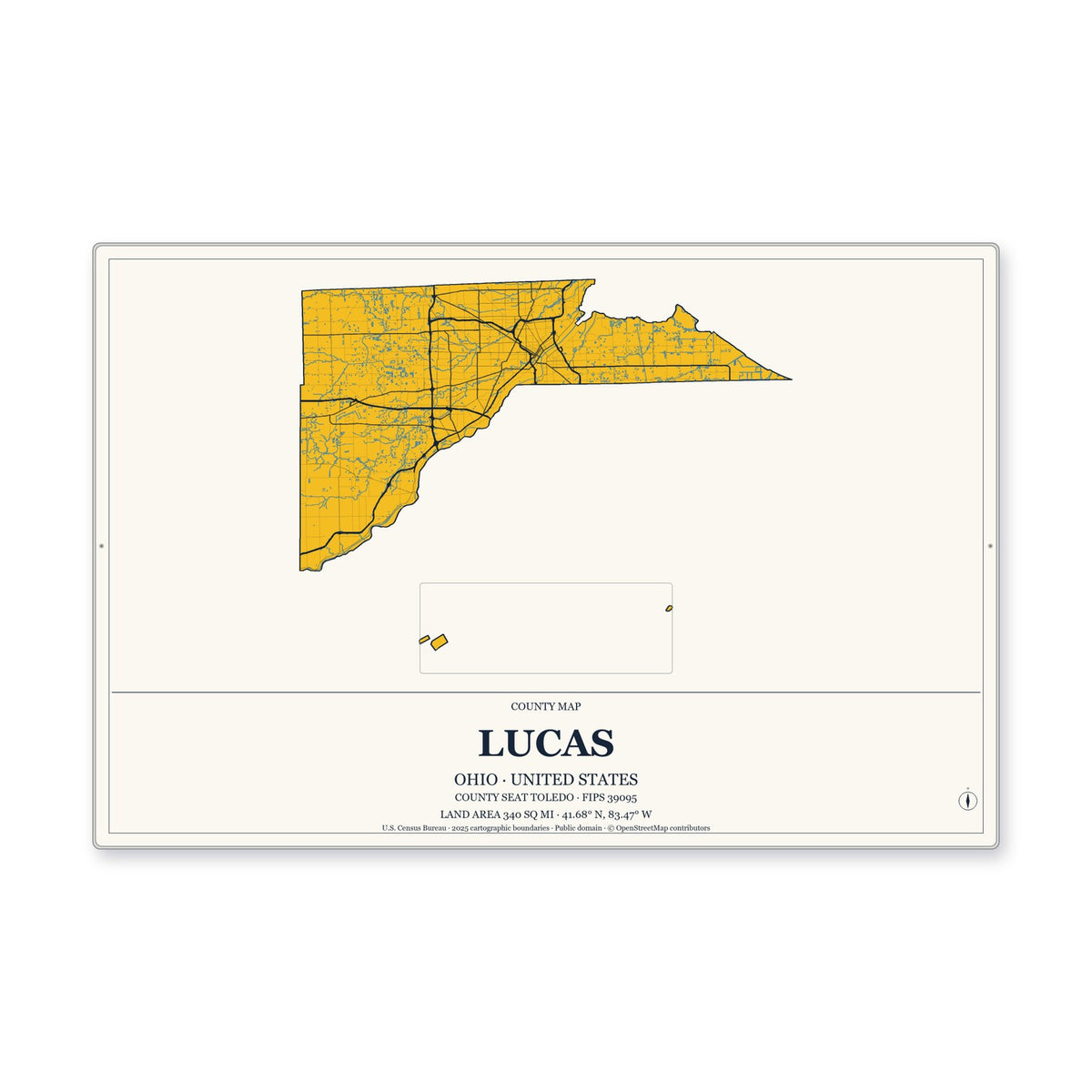 Lucas County, Ohio Map Aluminum Sign in Citrine Modern style