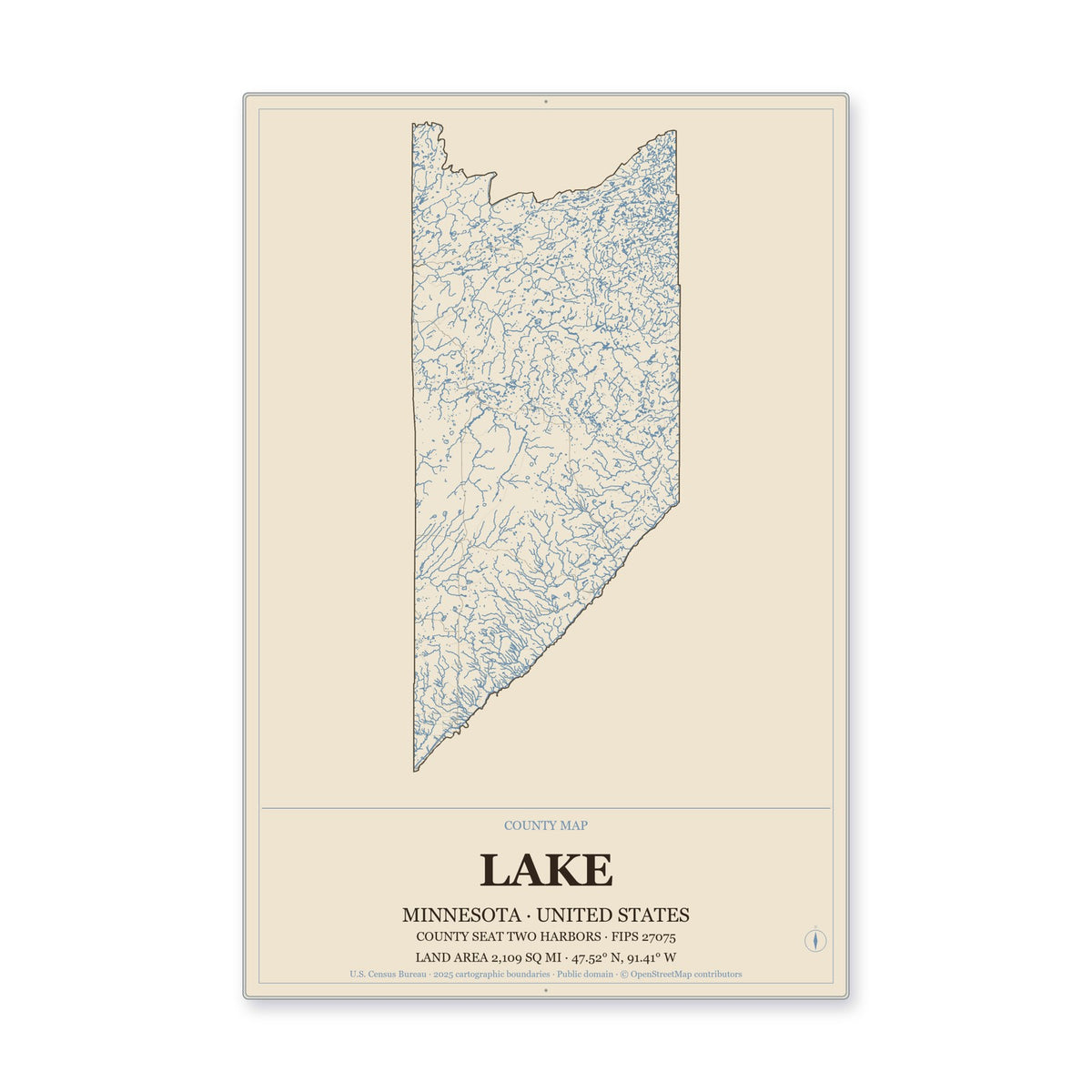 Lake County, Minnesota Map Aluminum Sign in Heritage Nautical style