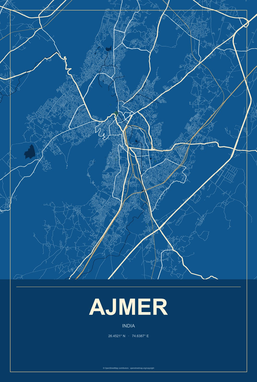Ajmer, India City Map Aluminum Sign in Harbor Cobalt style