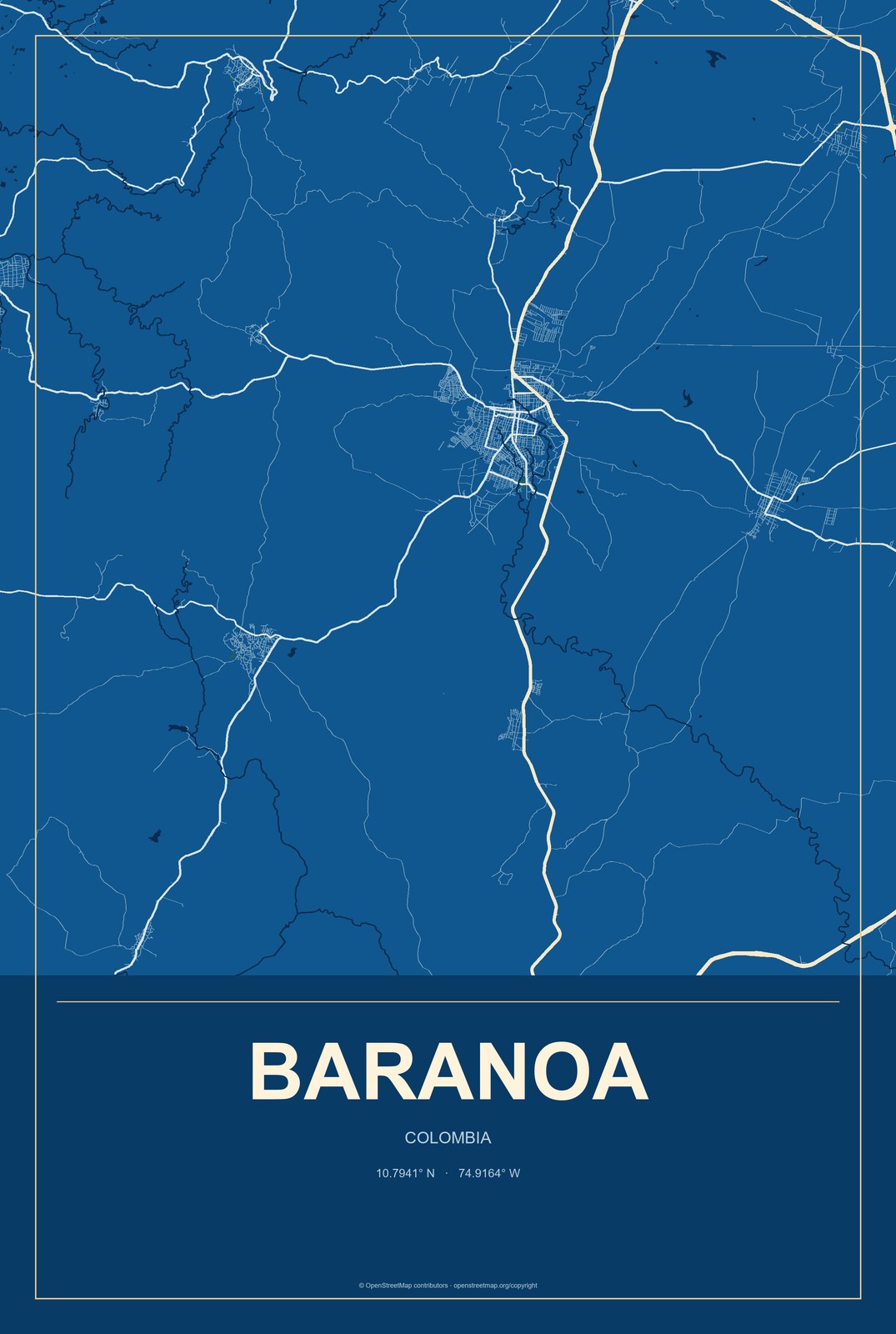 Baranoa, Colombia City Map Aluminum Sign in Harbor Cobalt style