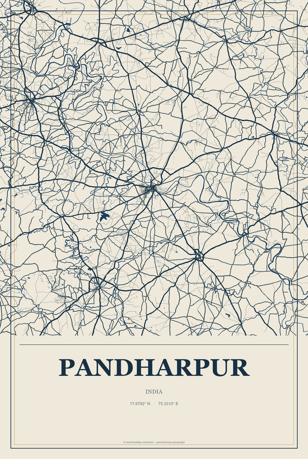 Pandharpur, India City Map Aluminum Sign in Coastal Cutout style