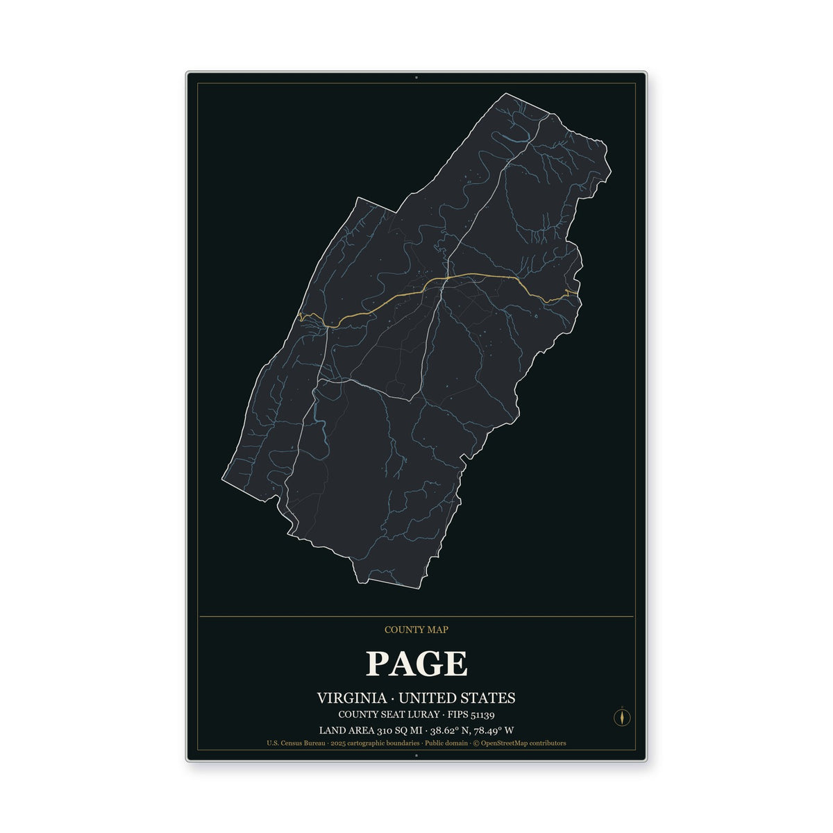 Page County, Virginia Map Aluminum Sign in Metropolitan Noir style