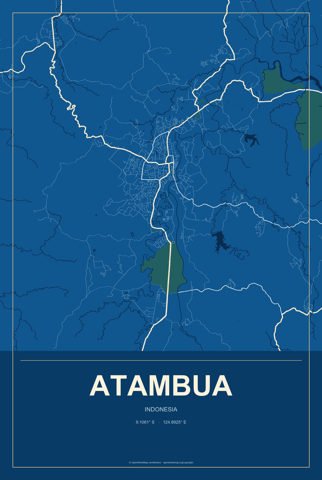 Atambua, Indonesia City Map Aluminum Sign in Harbor Cobalt style