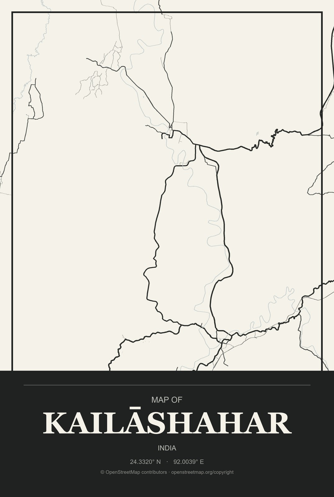 Kailāshahar, India City Map Aluminum Sign in Museum Plaque style