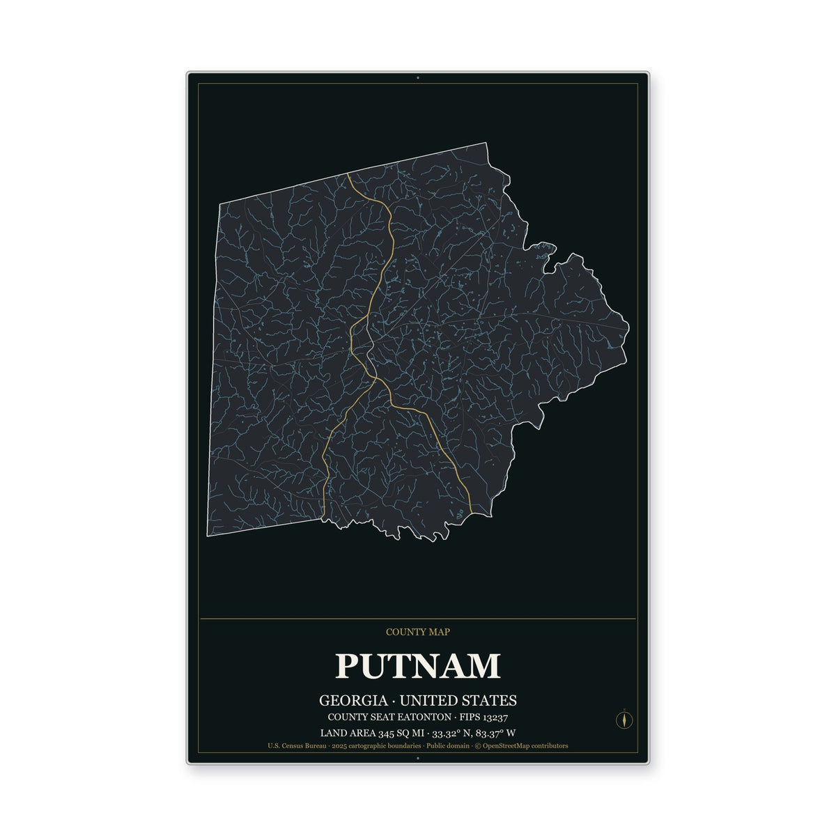 Putnam County, Georgia Map Aluminum Sign in Metropolitan Noir style