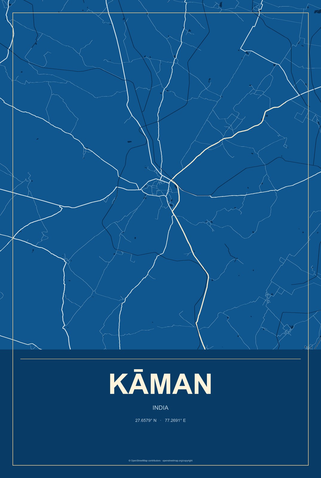 Kāman, India City Map Aluminum Sign in Harbor Cobalt style
