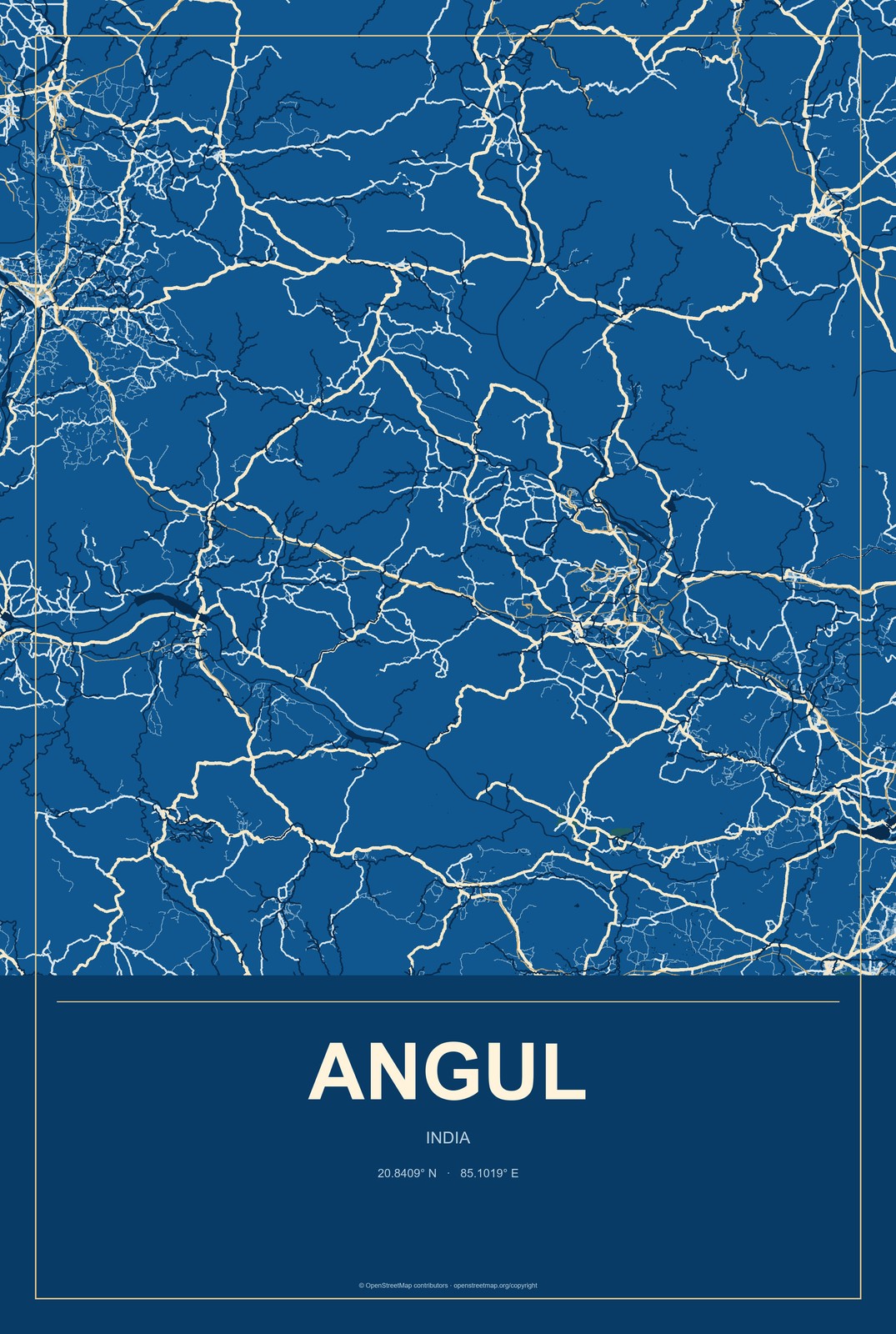 Angul, India City Map Aluminum Sign in Harbor Cobalt style