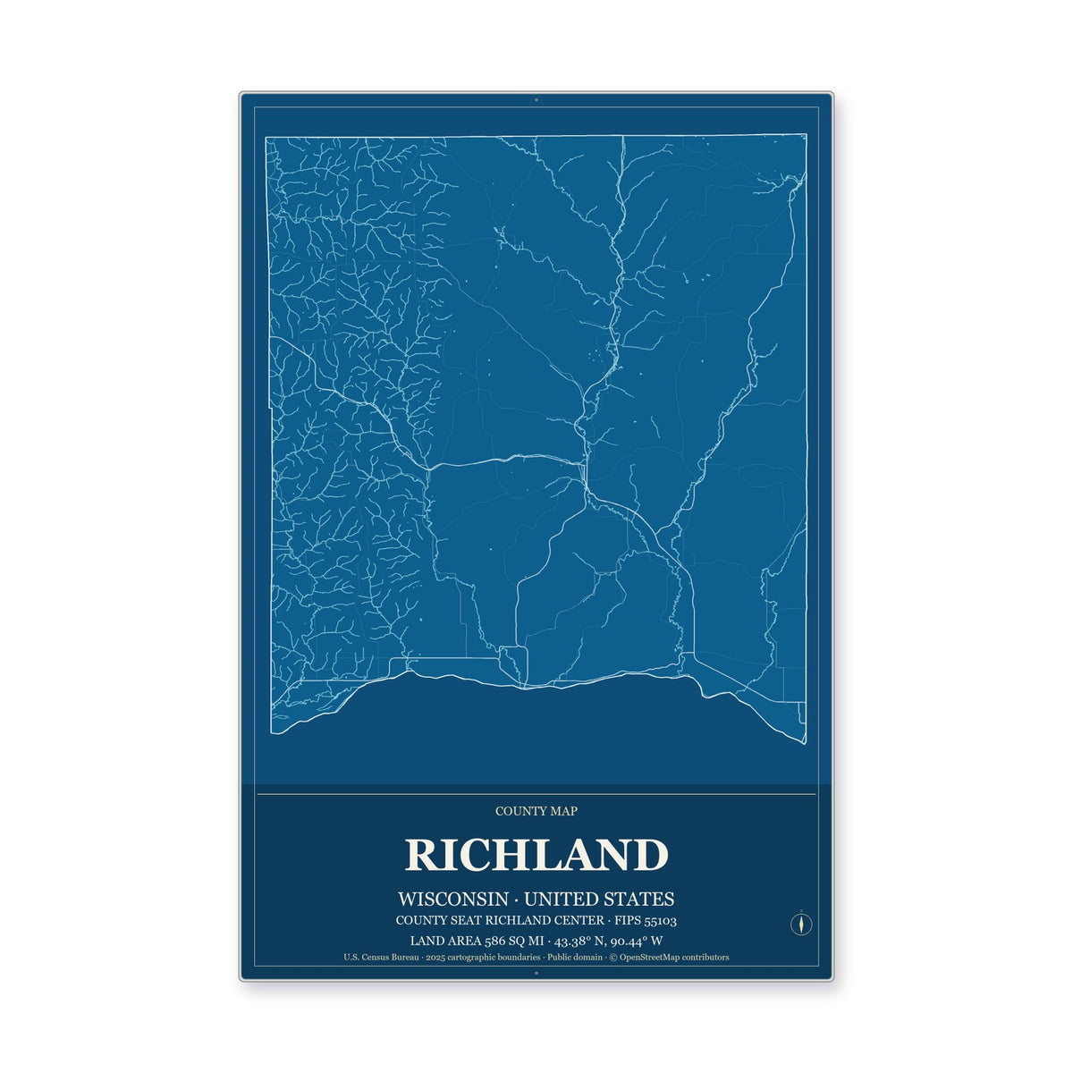Richland County, Wisconsin Map Aluminum Sign in Harbor Cobalt style