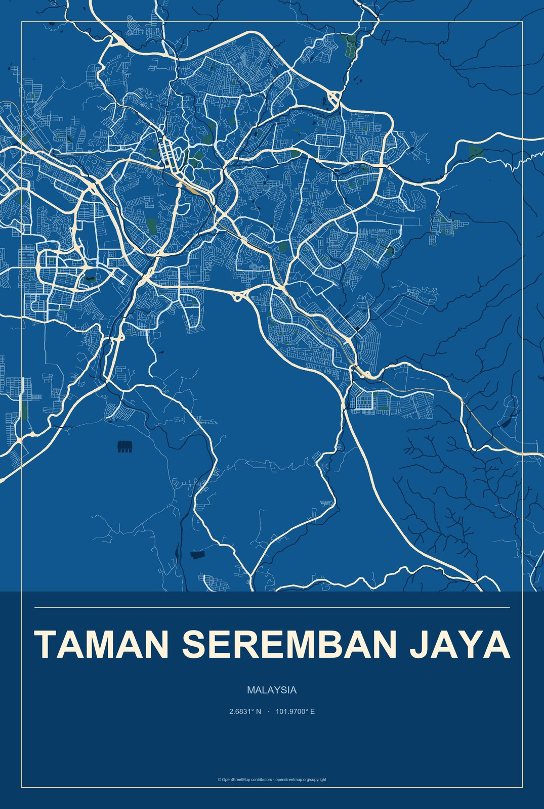 Taman Seremban Jaya, Malaysia City Map Aluminum Sign in Harbor Cobalt style