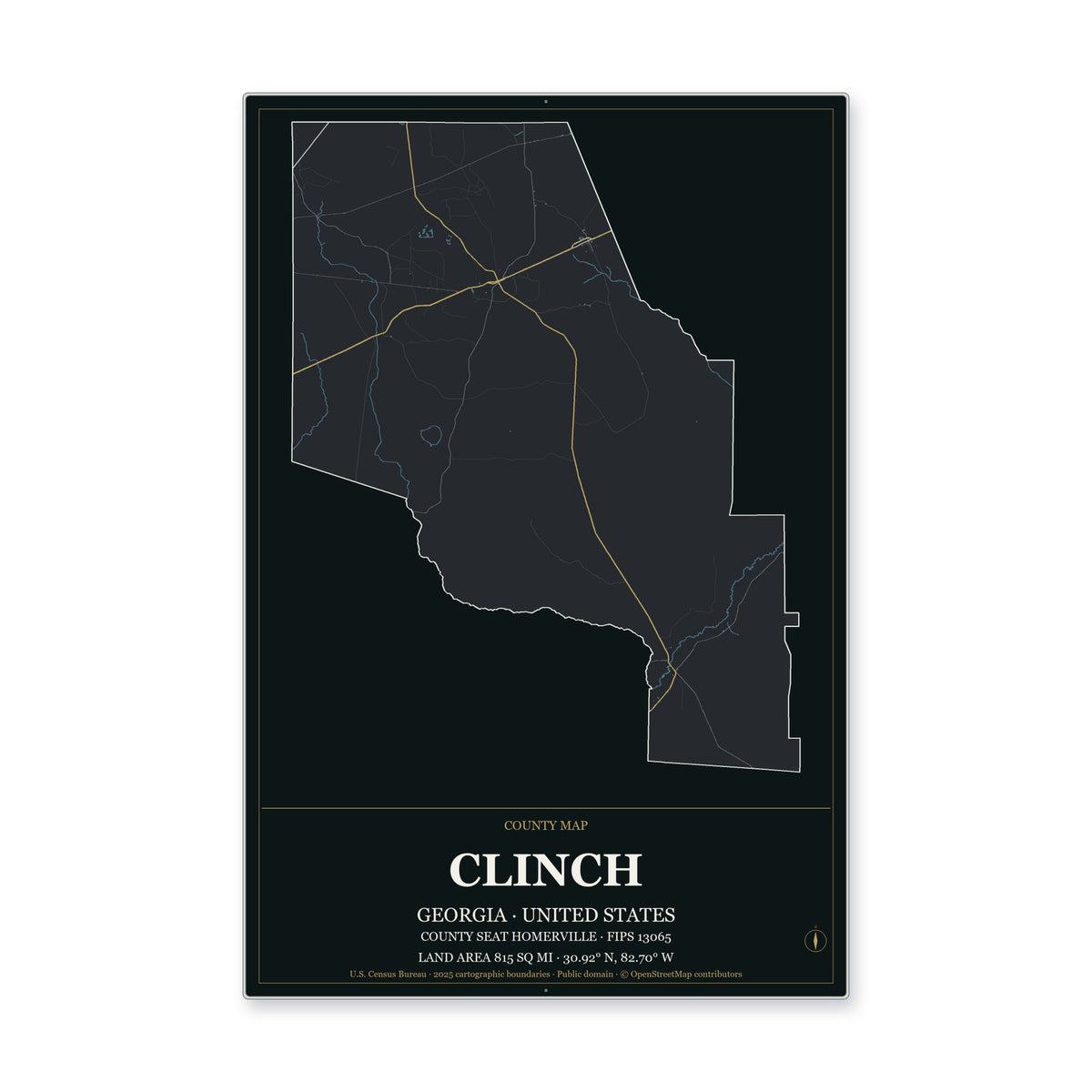 Clinch County, Georgia Map Aluminum Sign in Metropolitan Noir style