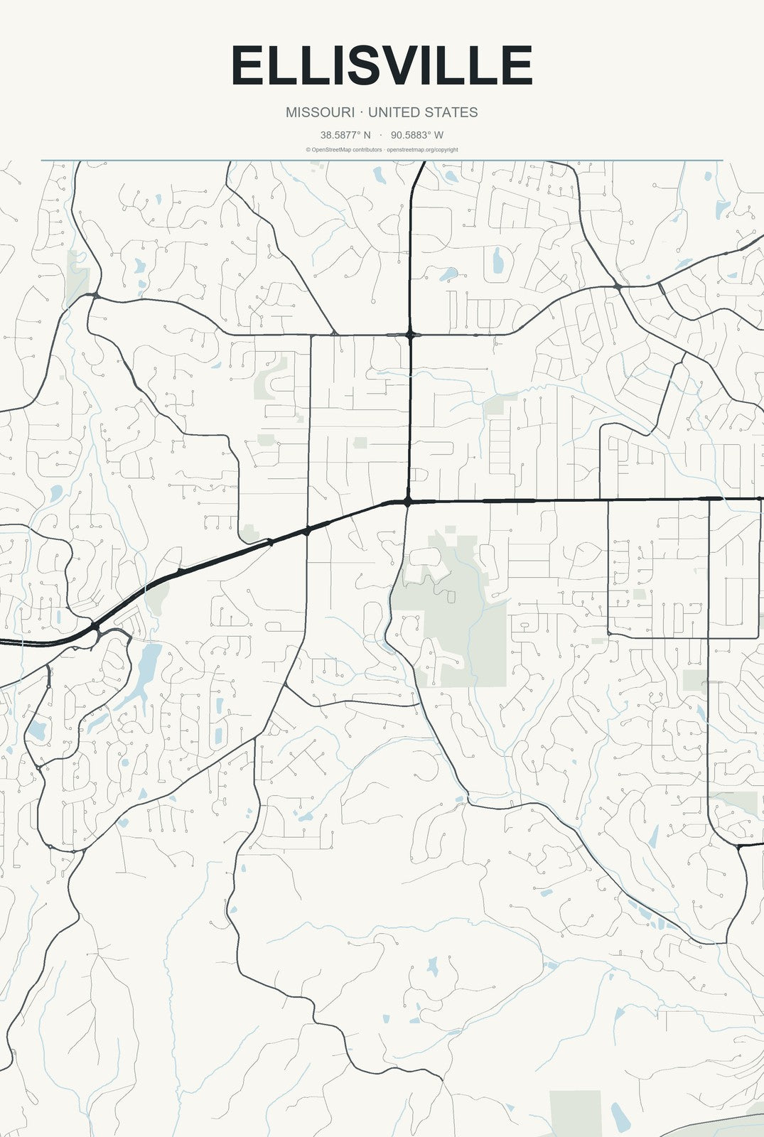 Ellisville, Missouri City Map Aluminum Sign in Headline Atlas style