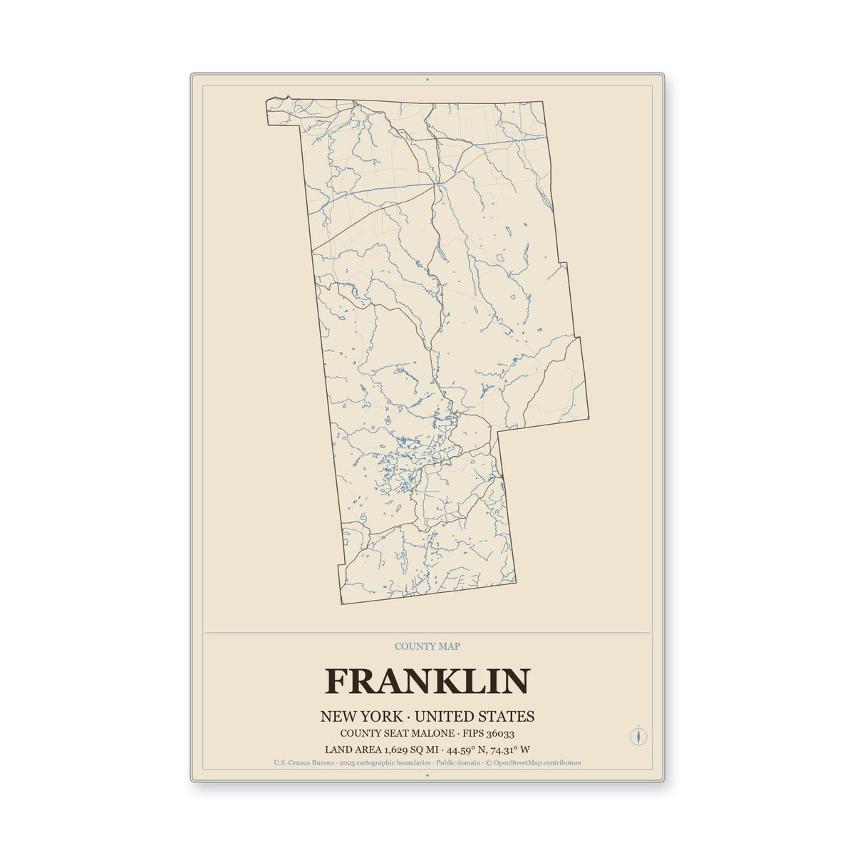 Franklin County, New York Map Aluminum Sign in Heritage Nautical style