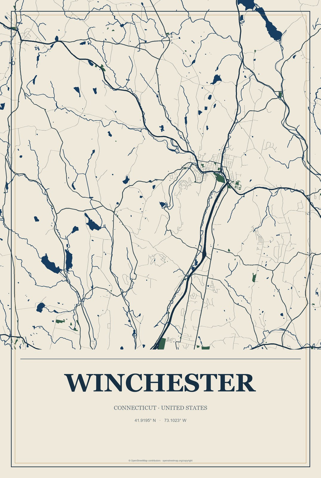 Winchester, Connecticut City Map Aluminum Sign in Coastal Cutout style