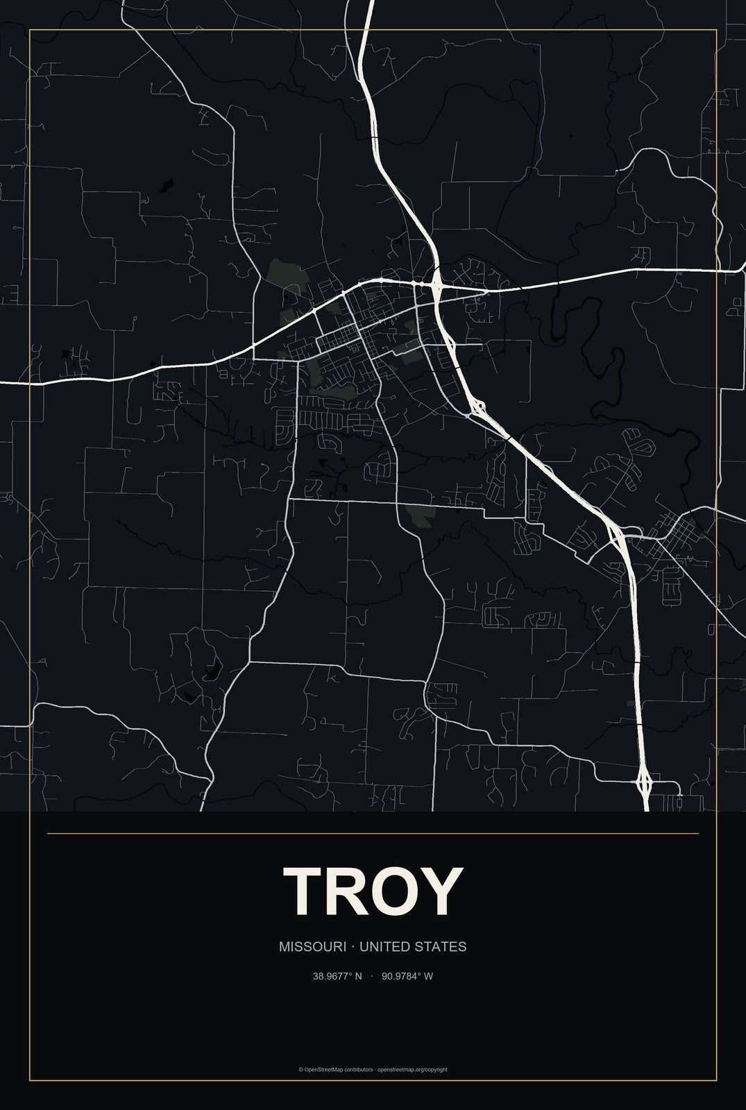 Troy, Missouri City Map Aluminum Sign in Metropolitan Noir style