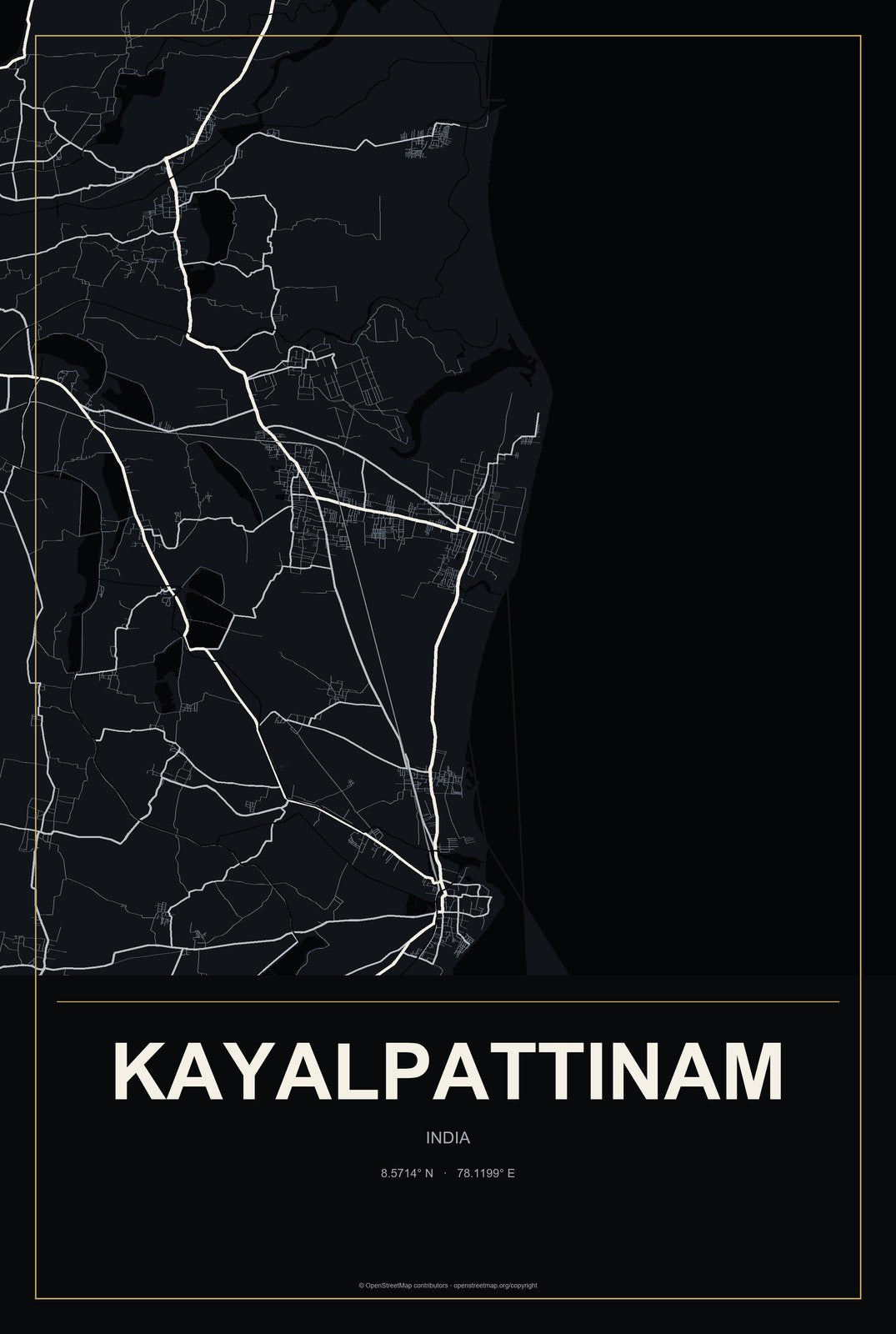 Kayalpattinam, India City Map Aluminum Sign in Metropolitan Noir style