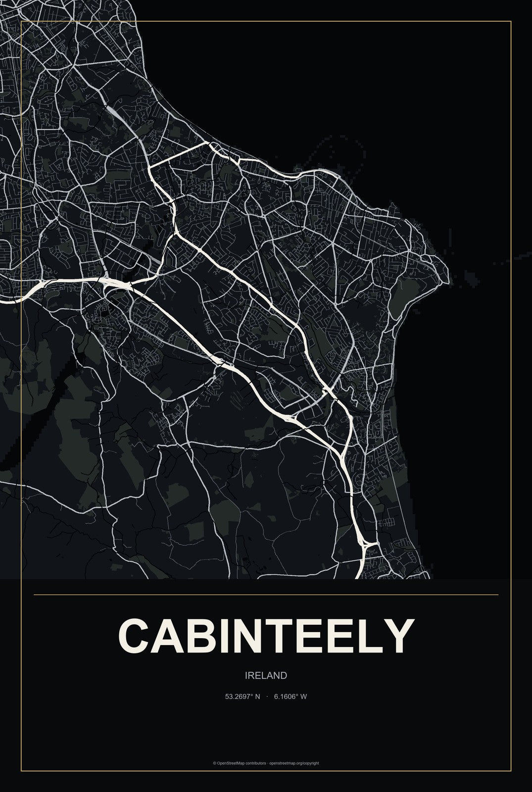 Cabinteely, Ireland City Map Aluminum Sign in Metropolitan Noir style